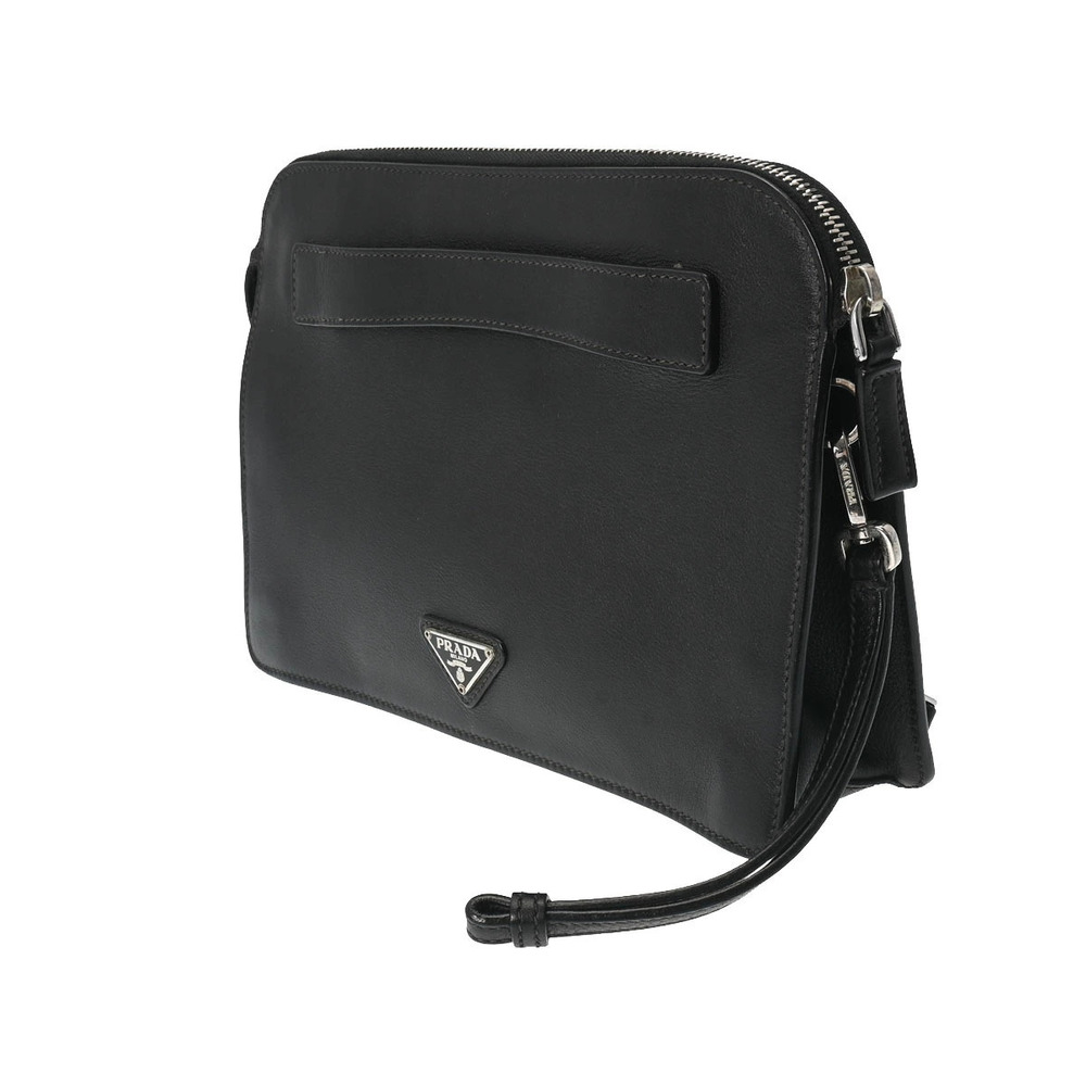 Prada Clutch Shoulder Bag Black Leather Black